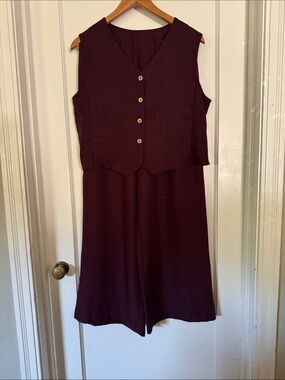 Sleeveless V-Neck Button Front Jumpsuit in Deep Plum